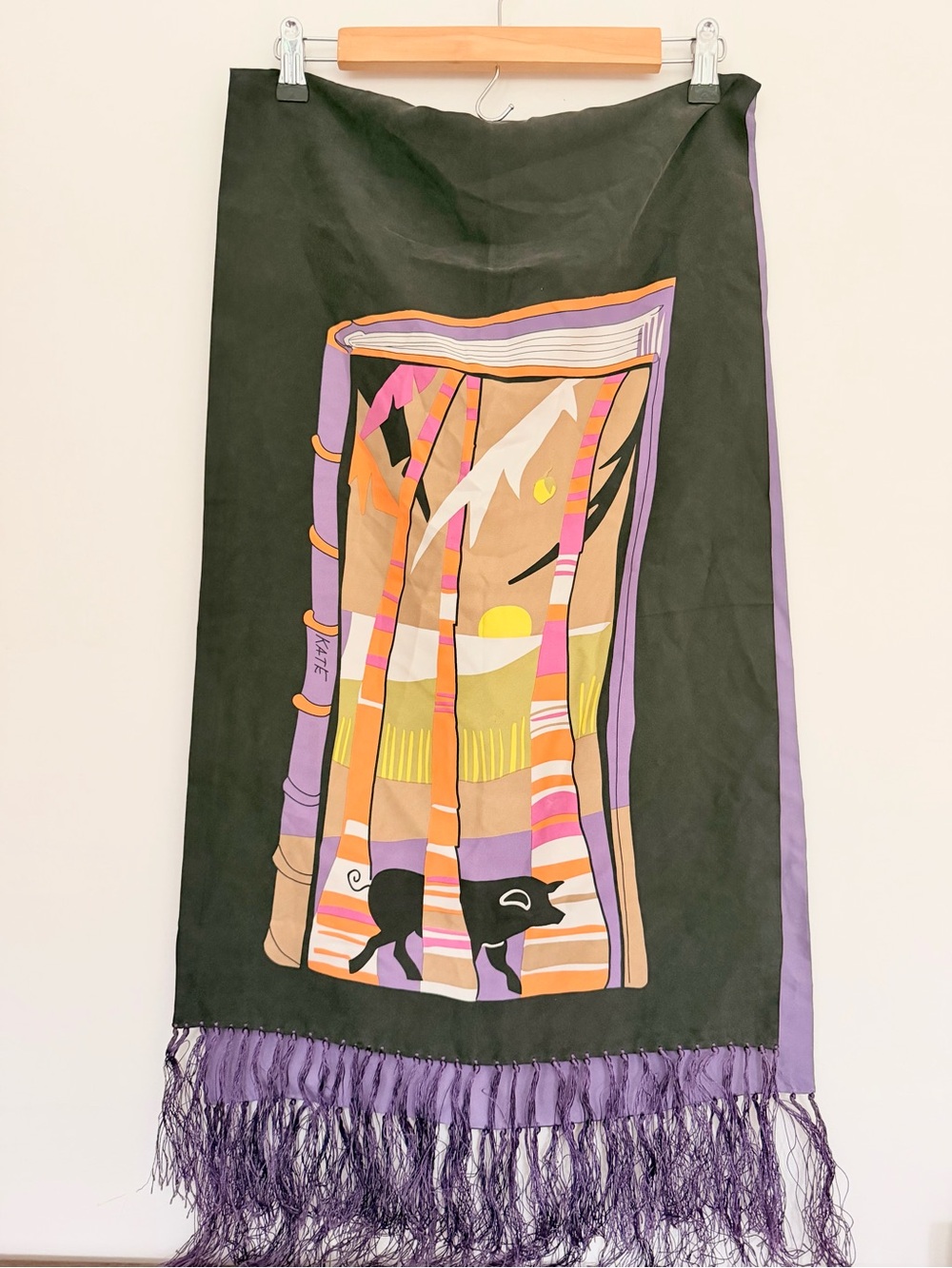 Vintage KATE Black Purple Fringe Silk Scarf of Book w Pig Palm Tree Stork READ